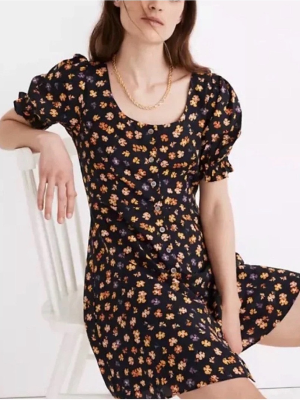 Madewell - Button Up Floral Scoop-Neck Puff-Sleeve Dress